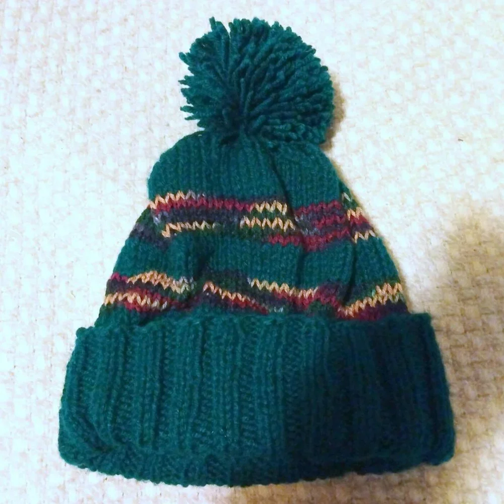 Forest Green Striped Knit Ribbed Pom-Pom Beanie Hat Cap OS Cozycore Cabincore